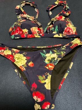 Floral Ruffle Bikini Set in Navy with Red & Yellow Roses